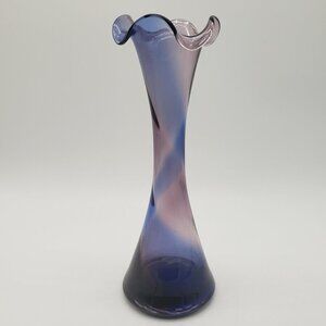 Blue Amethyst Swirl Ruffled Top Art Glass Bud Vase